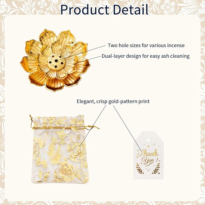 60Set Return Gifts for Pooja, Lotus Incense Holder, Indian Return Gifts for Pooja Bulk, Gold Lotus Incense Sticks Holder with Organza Bags & Thank You Cards, Diwali Party Favors
