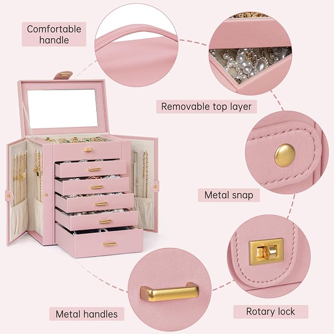 AKOZLIN 6-Tier Jewelry Box Organizer Functional 5 Drawers Leather Jewelry Storage Case for Women Girls Ring Necklace Earring Bracelet Holder Organizer with Mirror Medium Pink