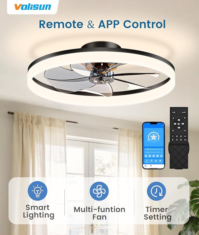 VOLISUN Low Profile Ceiling Fans with Lights and Remote, 27.6in Fandelier Ceiling Fan Flush Mount, 3000K-6500K Smart Bladeless LED Fan Light, Black Modern Ceiling Fans with Lights for Bedroom
