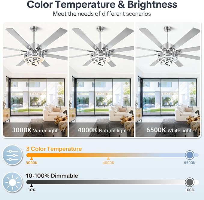 72" Ceilling Fans with Lights, Chandelier Fan Modern DC Motor Dimmable Led Fandelier Ceiling Fan with Light for Bedroom, Living Room, Indoor/Outdoor, Silver