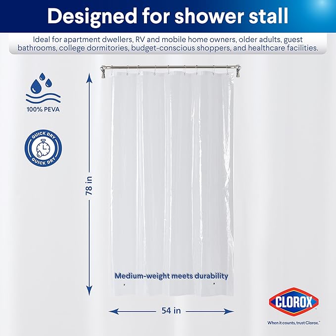 Clorox Shower Curtain Liner, Premium Medium-Weight Durable Waterproof 6g PEVA for Bathroom with Weighted Magnets, Extra Long 54" x 78", Clear 1 Pack