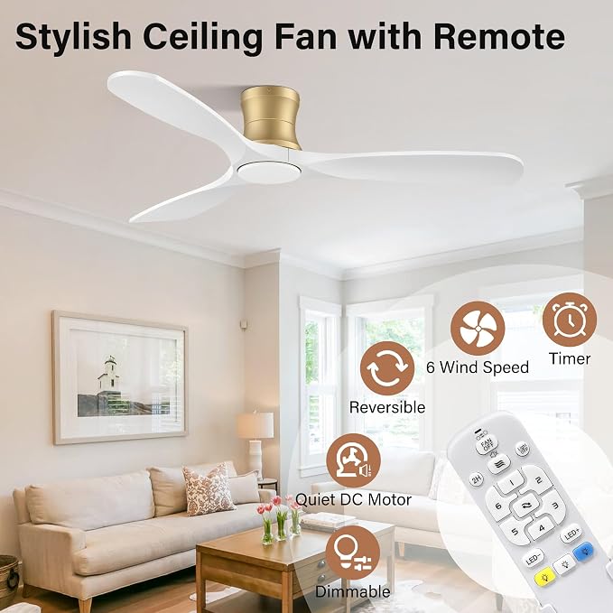 52" Wood Flush Mount Ceiling Fans with Lights Remote Control,Dimmable,Reversible,Modern Gold White Wood Ceiling Fan with Quiet DC Motor,Outdoor Indoor Low Profile for Bedroom Living Room Patio