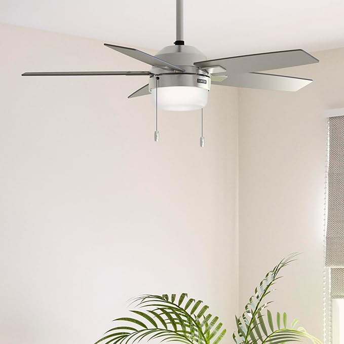 Hunter 44" Anisten Indoor Ceiling Fan, Light, Pull Chain, Brushed Nickel | WhisperWind whisper-quiet motor, DuraLight lens, and 3" downrod support bedrooms, offices, and small rooms year-round.