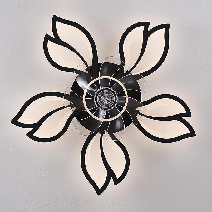 Dalouguan Ceiling Fan with Lights Remote Control, 26" Black Modern Leaf 6 Speeds 3 Light Color Low Profile Flush Mount Ceiling Fan for Kitchen Bedroom
