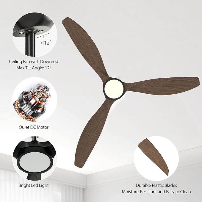 Roomratv Ceiling Fans with Lights and Remote Control,Quiet Noiseless Reversible DC Motor,6 Speeds,Timers, 3 CCT, Indoor Use, Plastic Blades,52 Inch Black Wood Grain Modern Ceiling Fan for Living Room
