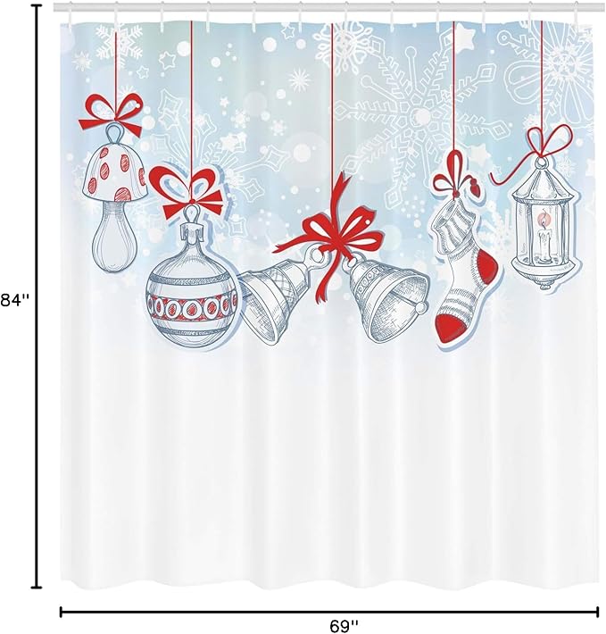 Ambesonne Christmas Shower Curtain, Retro Style Famous Socks for and Candy Bells and Snowflake Graphic, Cloth Fabric Bathroom Decor Set with Hooks, 69" W x 84" L, White and Orange