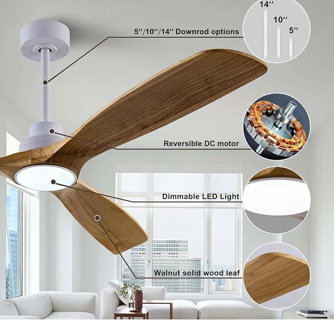 QUTWOB 60" Wood Ceiling Fan with Light, Reversible DC Motor, Remote Control | solid wood blades, quiet 6-speed reversible dc inverter motor, remote control, 3-color led, for indoor outdoor patio bedroom