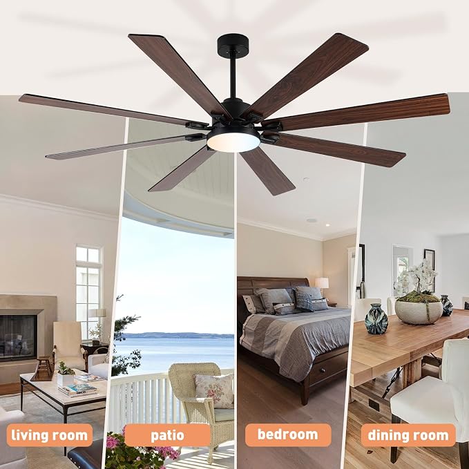 Minislak 72 Large Smart Ceiling Fan with Lights and Remote,Black Indoor & Outdoor Ceiling Fan for Living Room,Patio,6 Speed,Quiet DC Motor,3CCT,8 Wooden Blades