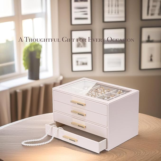 VLANDO 4-Drawer Jewelry Box with Glass Lid, Faux Leather Organizer for Rings Earrings Necklaces and More, Gift-Ready Jewelry Case for Women Girls or Moms, Pink Beige