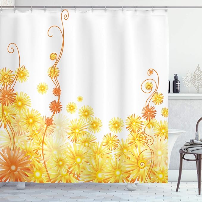 Ambesonne Yellow Shower Curtain, Curling Yellow Gerbera Flowers Botanical Ivy Nature Pattern Illustration, Cloth Fabric Bathroom Decor Set with Hooks, 69" W x 84" L, Yellow Brown