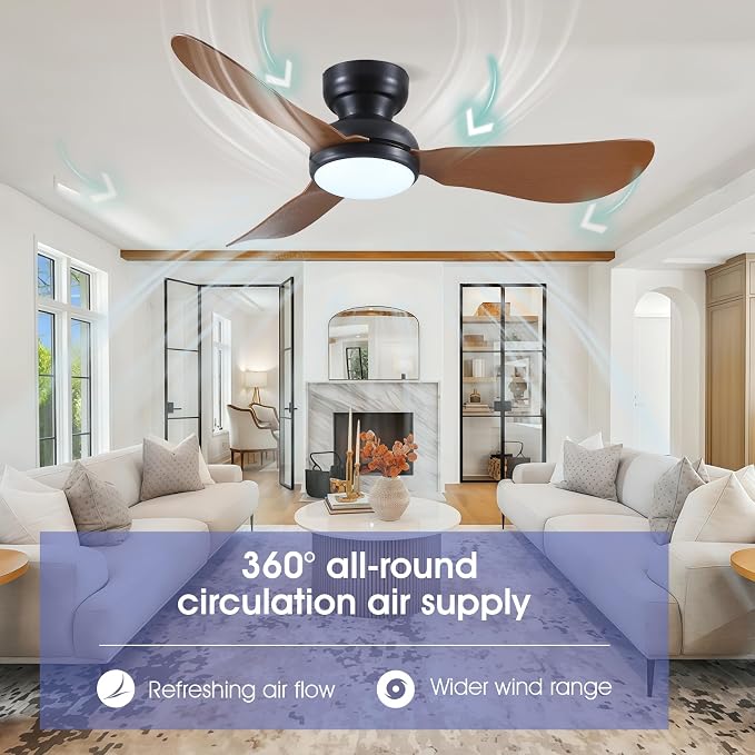 Kviflon 46 Inch Modern Ceiling Fans with Lights, Flush Mount Ceiling Fan, Remote/APP Control, 3 Reversible Curved Blades, 6 Speeds, 3 CCT Dimmable LED Lights for Living Room Bedroom, Brown
