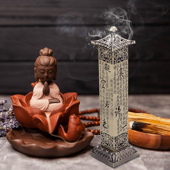 2.7×2.7×10.8in Copper Incense Holder,Incense Burner Holder with Reliefs of Scriptures Hollow Craftsmanship,Incense Seat,Incense Catcher for Relieving Anxiety,Yoga Relaxation for Yoga Room,Tea Room