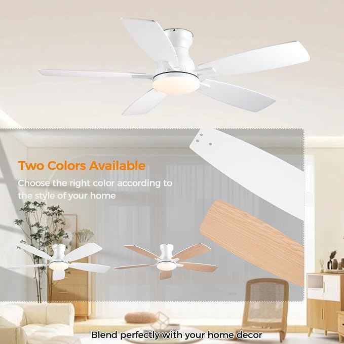 JSAITEE 46 Inch Low Profile Flush Mount Ceiling Fan with Lights, Black | Flush Mount Low Profile Ceiling Fan with DC Motor, 6 Speeds 3CCT Dimmable, Modern Indoor Fan Light Fixtures