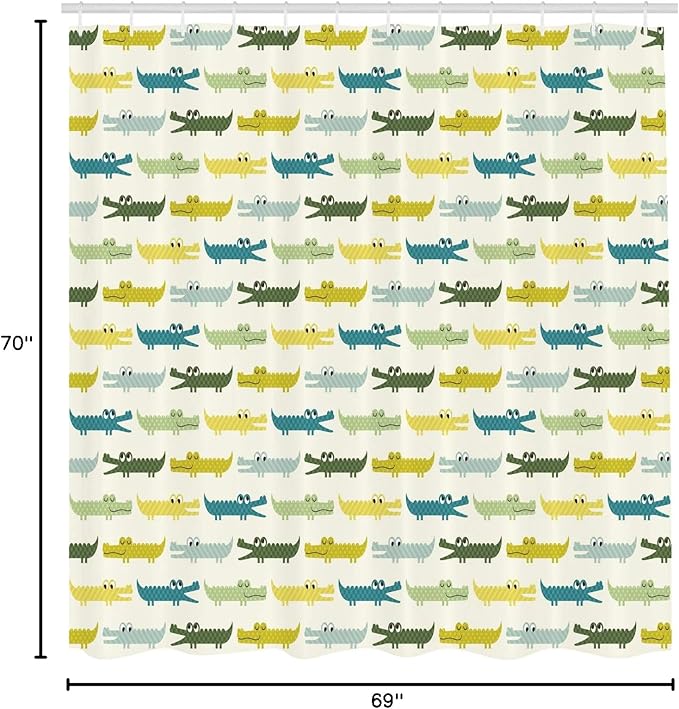 Ambesonne Animal Shower Curtain, Crocodile Characters in Cartoon Style Funny Faces Animal Alligators, Cloth Fabric Bathroom Decor Set with Hooks, 69" W x 70" L, Yellow Green Teal