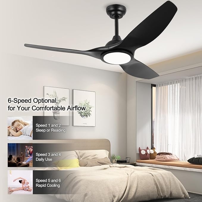 52 Inch High CFM Quiet Modern Black Ceiling Fan with Lights Remote Control | DC Motor, 6 Speed, Indoor 3 Blade Ceiling Fan for Bedroom Living Room