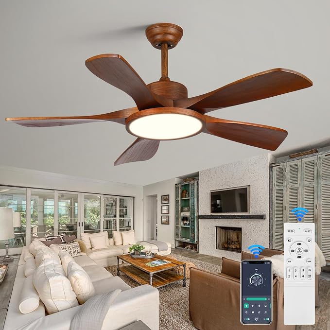 Wood Ceiling Fan with Lights and Remote Control 5 Solid Wooden Blades 42 Inch Modern Farmhouse Outdoor Ceiling Fan Light for Patios Living Room FCC Reversible DC Motor