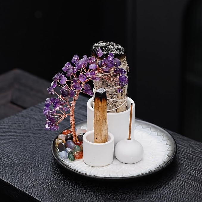 5 in 1 Incense Burner Holder with Crystal Tree for Burning Palo Santo Stick, Sage, Incense Sticks, Candle, Ceramic Tray Ash Catcher, Meditation Gift (Purple)