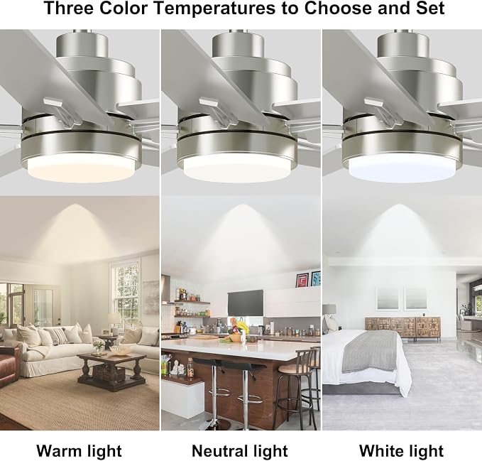 YUHAO 48 Inch Brushed Nickel Ceiling Fan with Light and Remote Control.Noiseless,Dimmable, 3CCT,6 Speeds Reversible, Modern DC Ceiling Fans for Indoor or Covered Outdoor Use,ETL Listed