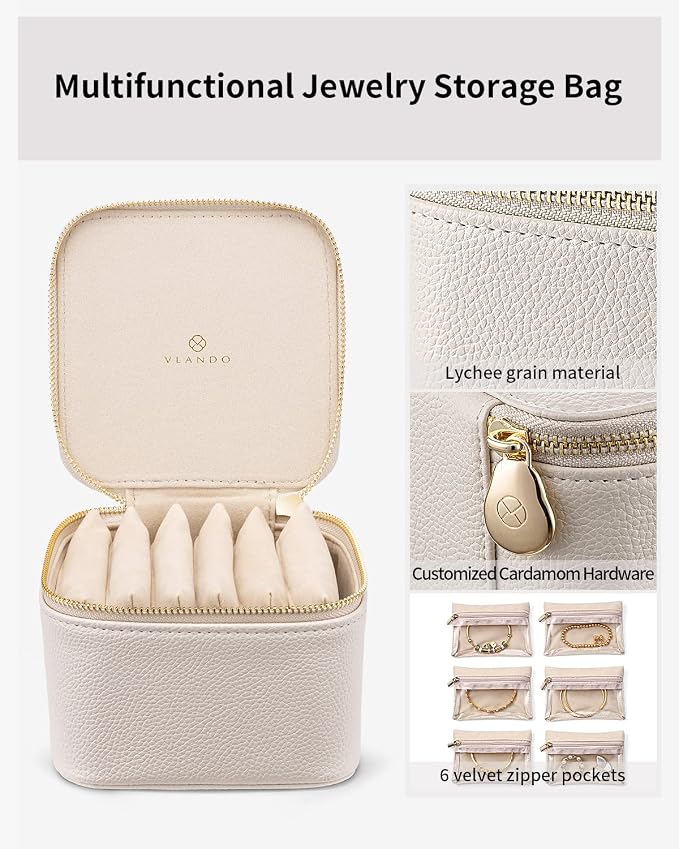 VLANDO Jewelry Travel Case,Valentines Gift,Travel Jewelry Organizer with Clear Velvet Jewelry Bags 6Pcs Zipper Pouch for Women Girl Birthday Gift-White