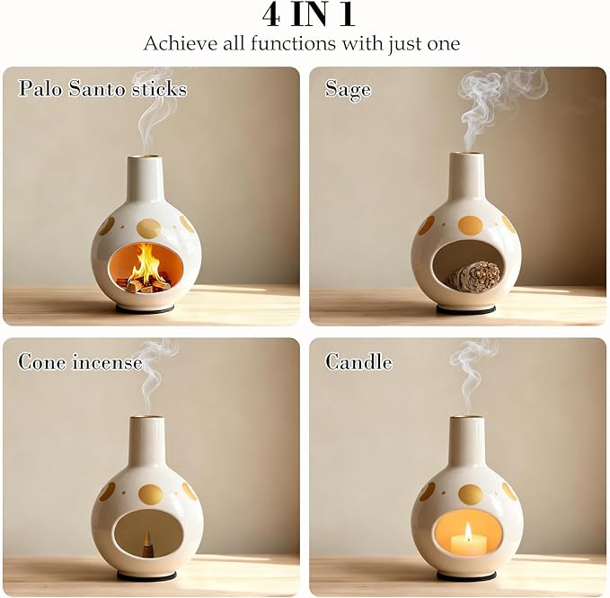 Incense Burner Holder for Palo Santo Sticks,Sage,Cone Incense,Handcrafted Ceramic Ash Catcher Smudge Bowl for Yoga Meditation Moon Room Décor and Energy Cleansing,White