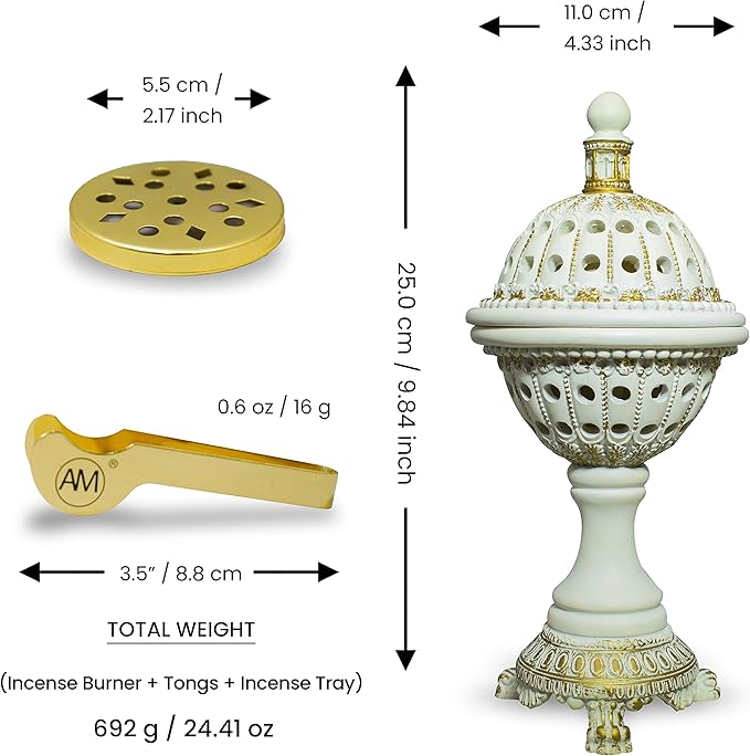 AM Lux Globe Incense Burner - Bakhoor Cone Holders | Frankincense Burner Charcoal | Mabkhara | for Office & Spiritual Decor (White)