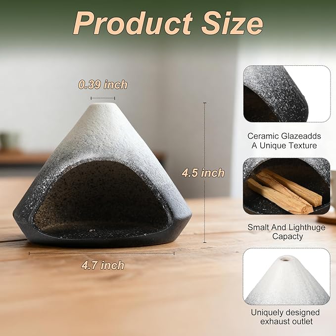 Ceramic Sage Smudging Holder, Pyramid Design Incense Burner with Smoke Outlet, 4.7 x 4.5 x 0.39 Inch, Black and White Glazed Finish (Black)