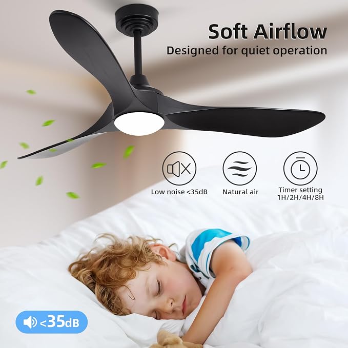 52” Outdoor Ceiling Fan with Light and Remote via WiFi Alexa, 3 Black Solid Wood Blade, Noiseless Reversible Dc Motor, Smart Outdoor Wood Ceiling Fan for Farmhouse Patios, Black