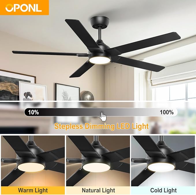 OPONL Ceiling Fan with Light, Ceiling fan with Light and Remote Control, Reversible, 6CCT, Dimmable, Noiseless, Ceiling Fan for Bedroom, Indoor/Outdoor Use, Black, 52 inch, Modern