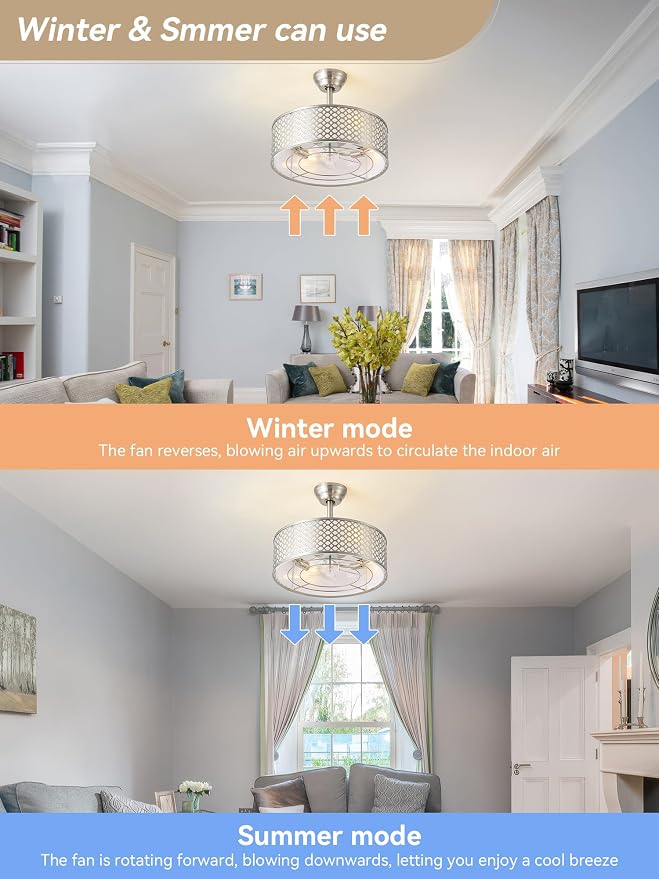 Silver Fandelier Ceiling Fan with Light, 20" Caged Boho Ceiling Fans with Lights and Remote, Mid Century with 6 Speeds for Bedroom, Living Room, Nursery