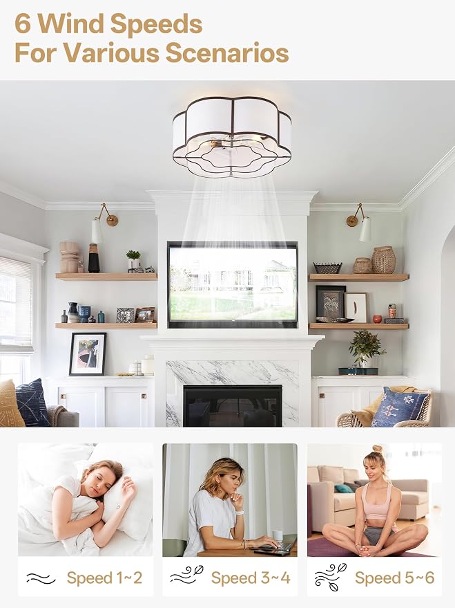 20" Farmhouse Ceiling Fan with Lights Flush Mount, Brown Enclosed Ceiling Fans with Lights Remote Control, Caged with 6 Speeds for Bedroom, Living Room, Nursery