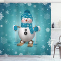 Ambesonne Snowman Shower Curtain, Skiing with Ornate Snowflakes Winter Vacation Activity Fun Hobby, Cloth Fabric Bathroom Decor Set with Hooks, 69" W x 84" L, Turquoise White Pale Brown