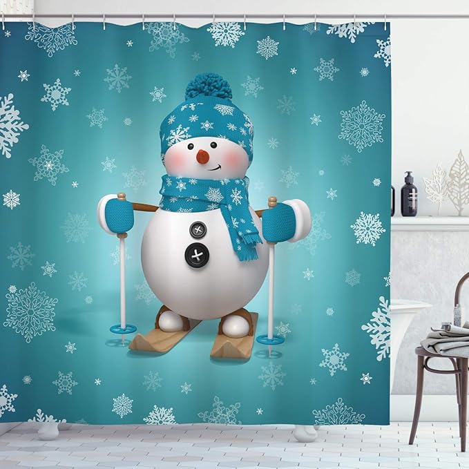 Ambesonne Snowman Shower Curtain, Skiing with Ornate Snowflakes Winter Vacation Activity Fun Hobby, Cloth Fabric Bathroom Decor Set with Hooks, 69" W x 84" L, Turquoise White Pale Brown