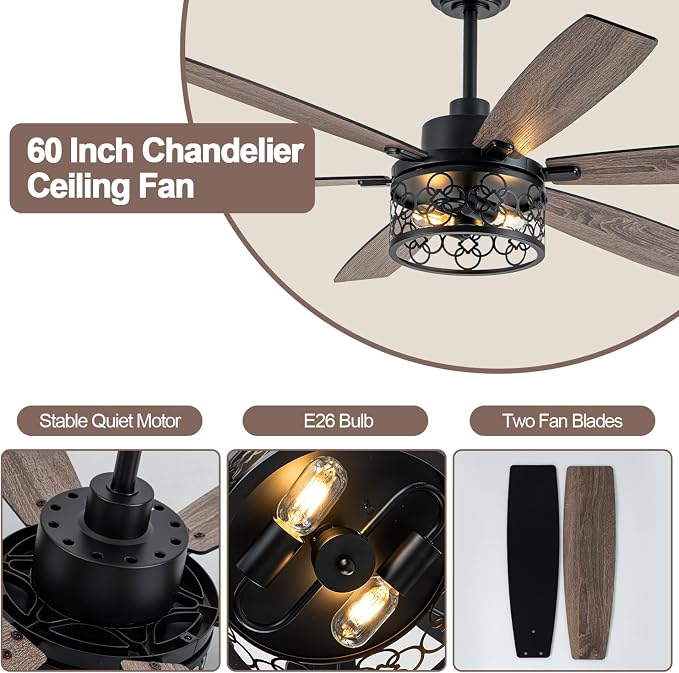 60 Inch Farmhouse Ceiling Fan with Light Industrial Ceiling Fan Rustic Caged Chandelier Fan for Living Room Bedroom Patio