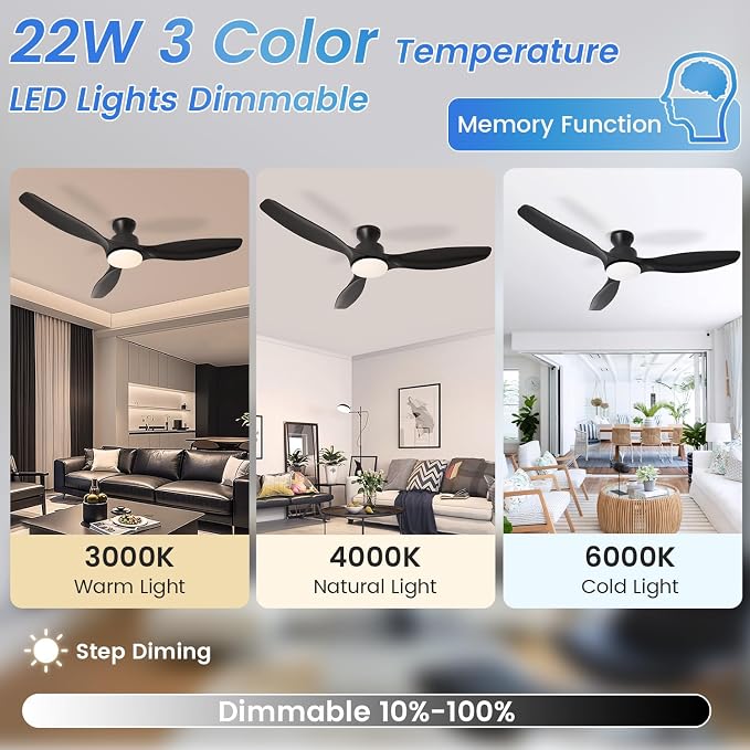 52" Ceiling Fan with Light and Remote, Flush Mount Ceiling Fan with 3 Blades, Low Profile Fan, 6 Speed, Queit DC Motor, Black Fan for Bedroom/Indoor/Outdoor/Living Room
