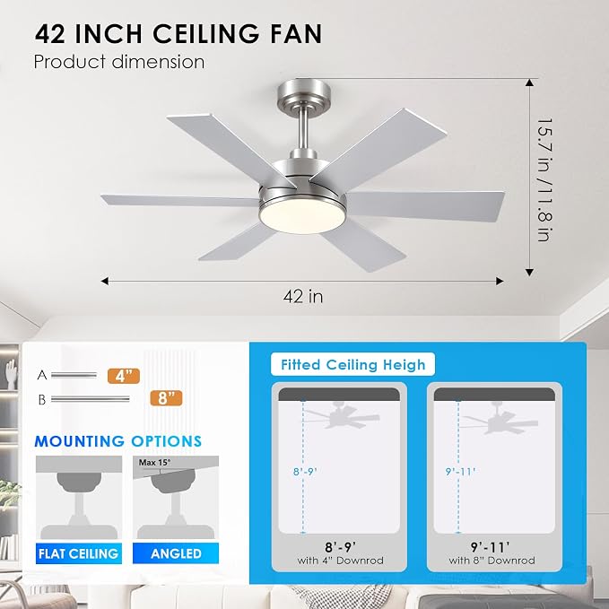 42 inch Ceiling Fans with Lights, Ceiling Fan with Remote APP, Dual-Sided Modern/Rustic 6 Blades, Reversible, 3CCT, Sloped Flush Mount Low Profile Ceiling Fan with Lights Bedroom Kitchen Indoor Nickel