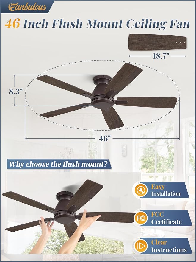 Fanbulous 46 Inch Flush Mount Ceiling Fan No Light with Remote, Oil Bronze | Modern Low Profile Without Light, 6-Speed, Quiet Reversible DC Motor, Indoor/Outdoor Use, for Bedroom, Living Room, Patio