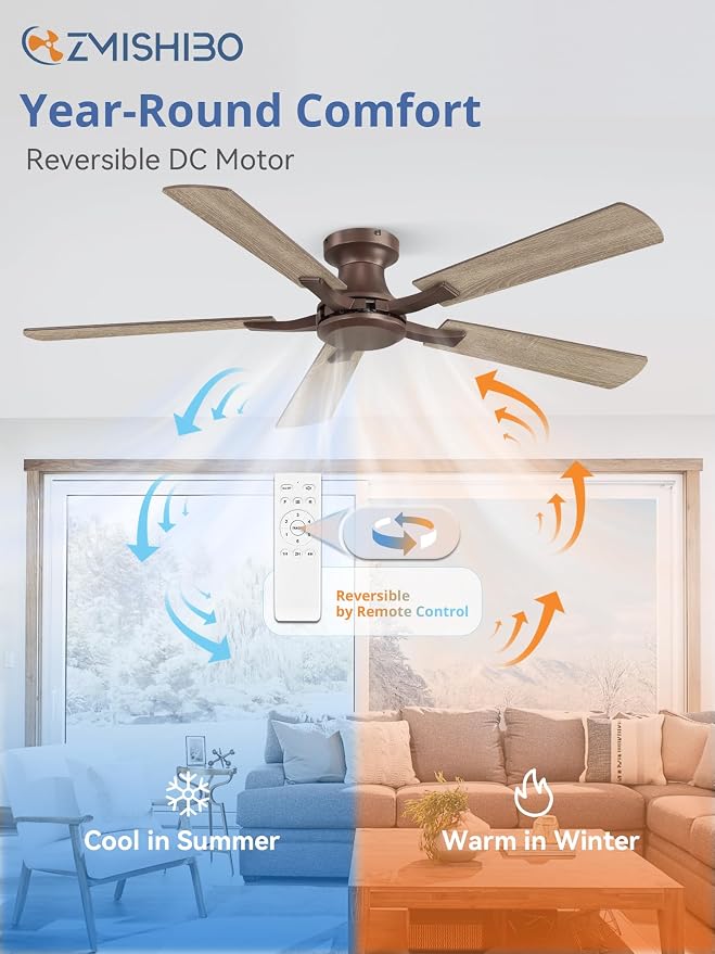ZMISHIBO 52 Inch Ceiling Fan No Light, Flush Mount Low Profile, Farmhouse Brown Ceiling Fan Without Light, Remote Control & Quiet DC Motor, for Indoor&Outdoor, Bedroom, Living Room