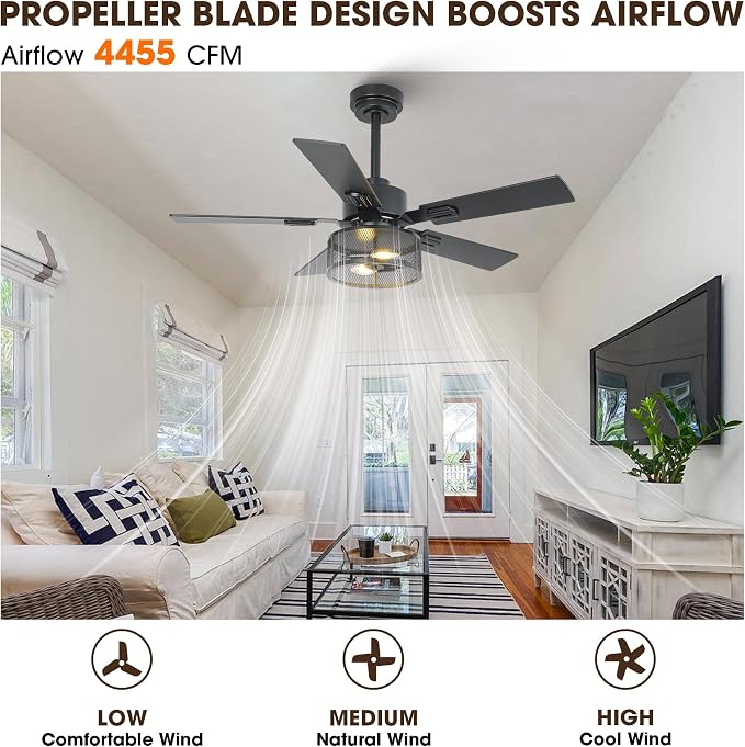 42" Farmhouse Ceiling Fan with Light and APP & Remote Control, 6-Speed Reversible Quiet DC Motor, Black Industrial Rustic Caged Ceiling Fan for Bedroom Apartment Patio, Timing Function
