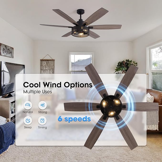 LuminFan 60 Inch Ceiling Fans with Lights and Remote Control, Farmhouse Ceiling Fan for Bedroom Living Room and Patio, Black Caged Ceiling Fan for Indoor and Outdoor
