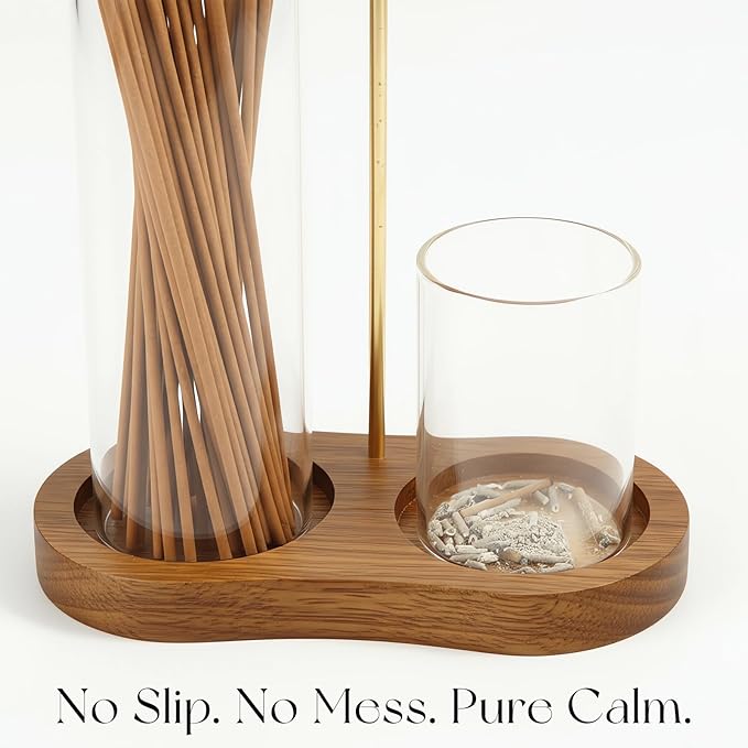 2-in-1 Incense Stick Holder with Glass Ash Catcher, Dual Glass Cups & Metal Clip, Minimalist 8-Shaped Wooden Base, Home Decor Gift (Dark Base)