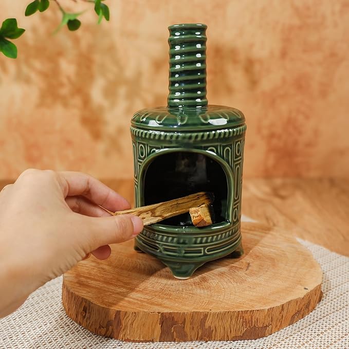 MOUGIGI Handmade Ceramic Palo Santo Holder & Mini Chiminea Incense Dish-Perfect for Palo Santo Sticks, Altar，Sage, and Cone Burning-Zen Decor for Energy Cleansing, Yoga, Meditation & Aromatherapy