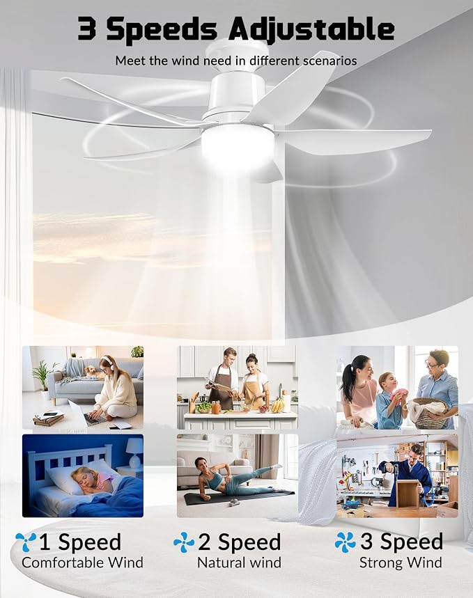 30" Socket Fan Light with Remote, Ceiling Fans with Light, Low Profile Flush Mount Ceiling Fan, 4 Speeds, 3000K-6000K Dimmable LED, Quiet Energy-Saving Motor, E26 Easy Install for Bedroom, Living Room
