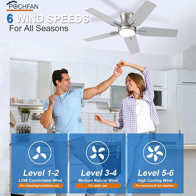 POCHFAN 42 Inch Ceiling Fans with Lights and Remote, Brushed Nickel Flush Mount Low Profile Ceiling Fan for Bedroom, Living Room, Patio, Dimmable 6 Speeds Noiseless Reversible, ETL Listed