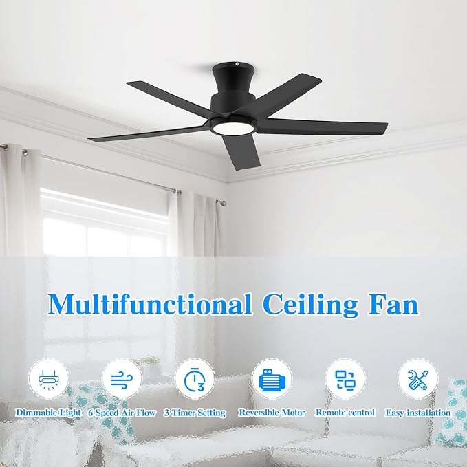 ocioc 44 inch Ceiling Fans with Lights and Remote, Dimmable Ceiling Fans with Reversible Quiet DC Motor, Flush Mount, 3CCT, Black Ceiling Fan for Bedroom Living room Indoor/Outdoor