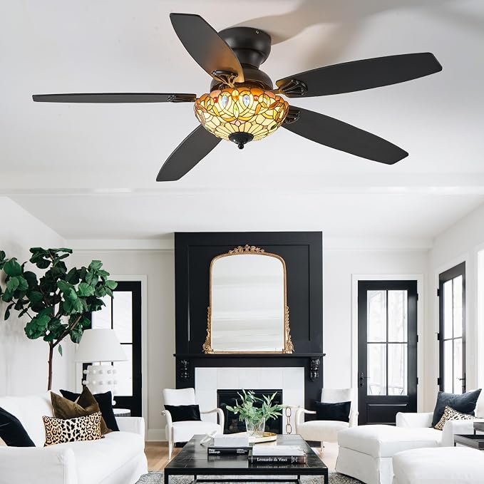 Ceiling Fans with Lights - 52" Ceiling Fan Chandelier with 5 Dual-Blades and Glass Shade, 6 Speeds and Reversible, Indoor and Outdoor, Retro Style