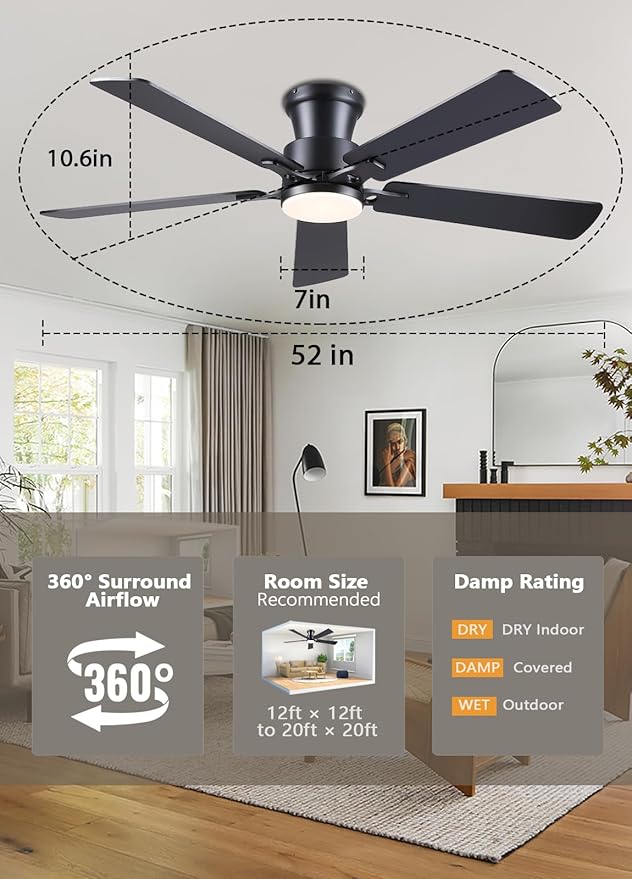 JSAITEE 52" Ceiling Fans with Lights Flush Mount Low Profile, Black | Ceiling Fans with Lights Flush Mount Ceiling Fan,Low Profile,Reversible Motor,3CCT Dimmable,Noiseless, 6 Speeds, Black Modern