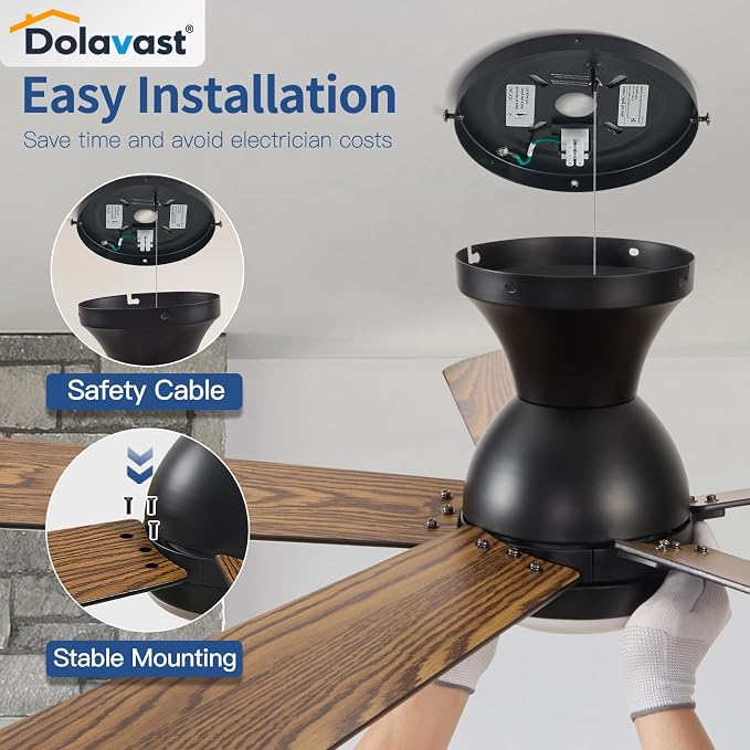 Ceiling Fans with Lights and Remote, 48 Inch Ceiling Fan with Light, Low Profile, Reversible, Dimmable LED, Flush Mount, Quiet, DC Motor, Black Ceiling Fan for Bedroom, Kitchen, Dining Room
