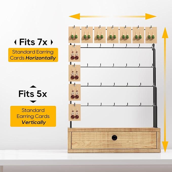 ORLESS 5-Tier Jewelry Display for Vendors, Earring Holder Organizer with Storage Drawer Box, Necklace Display Holder for Selling, Earring Cards Organizer for Bracelets, Rings, Natural Wood(35 Hooks)