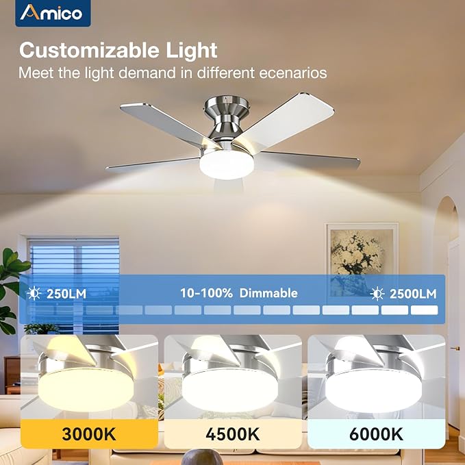 Amico 42 inch Smart Ceiling Fans with Lights, Low Profile Ceiling Fan, Remote/Alexa Voice Control, Flush Mount, Reversible DC Motor, 5 Blades, 6 Speeds, 3CCT, Dimmable, Noiseless, Bedroom, Nickel