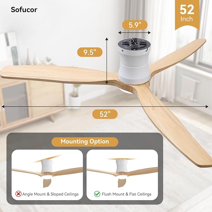 Sofucor 52 Inch Ceiling Fan with Lights and Remote | Low Profile Flush Mount, Outdoor Modern, 6-Speed 3-CCT with Timer, 3 Wood Blades
